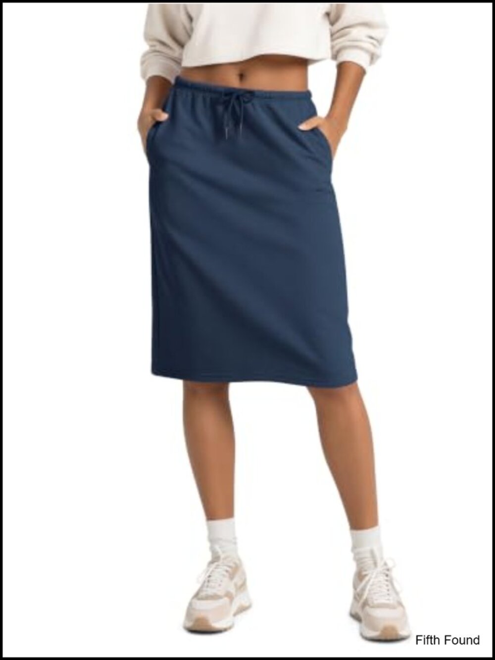 French Terry Knee Length Skirt High Rise Drawstring Slit Pockets Casual